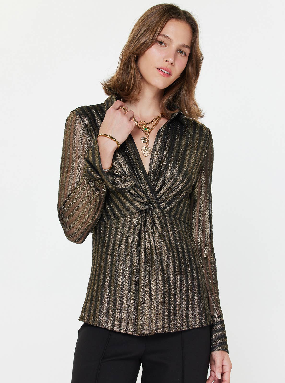 Current Air - Metallic Striped Twist-Front Blouse: BLACK-GOLD