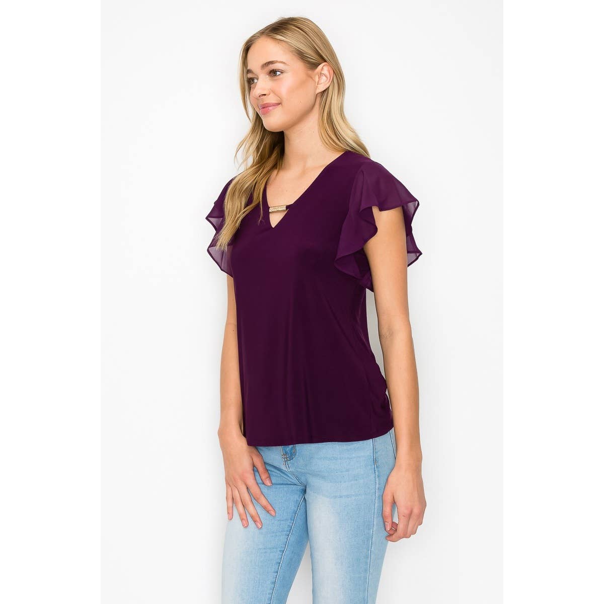 Perseption - Bar Keyhole V Neck Flutter Ruffle Sleeve Blouse: Plum