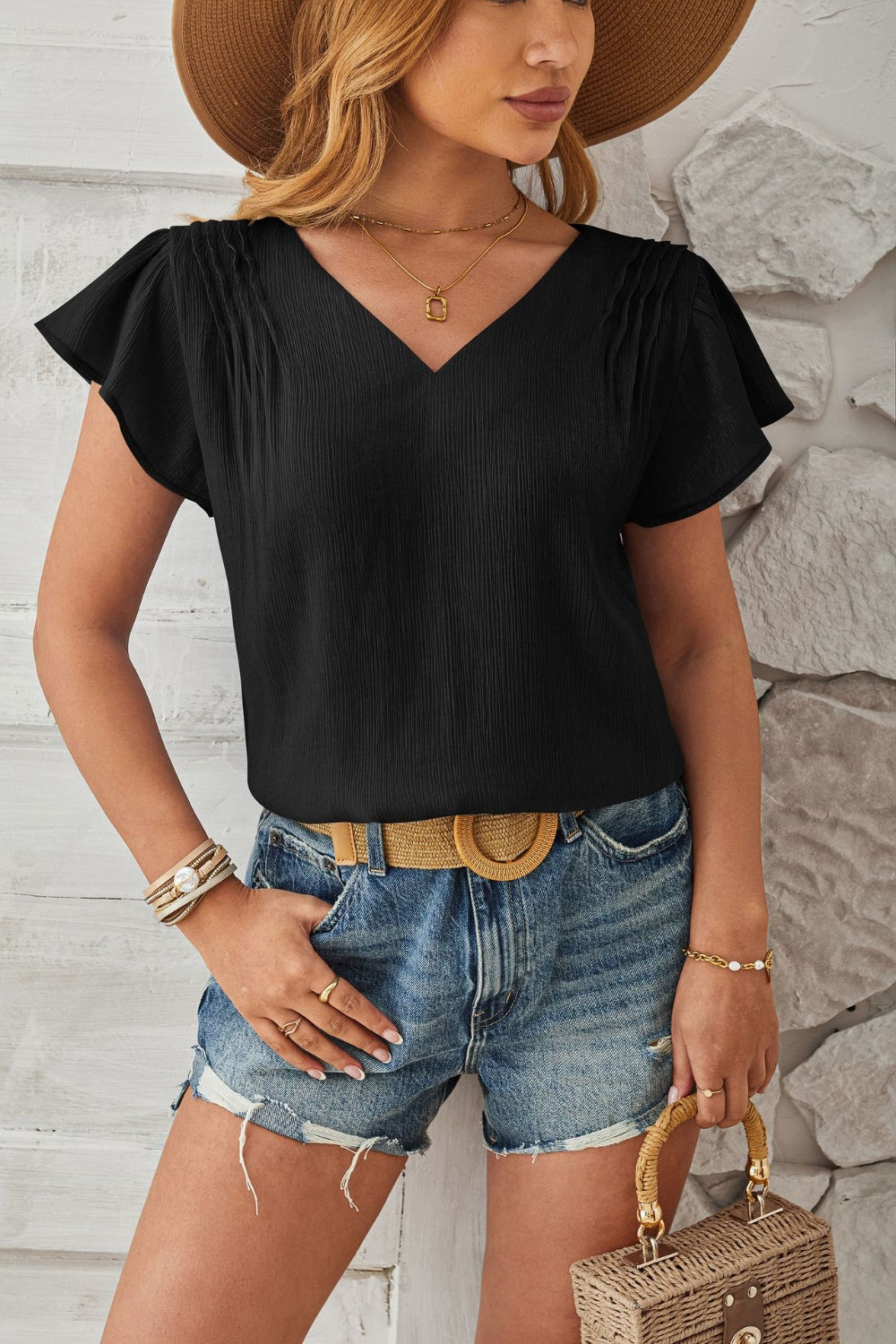 ONLINE ONLY! Ruched V-Neck Flounce Sleeve Blouse
