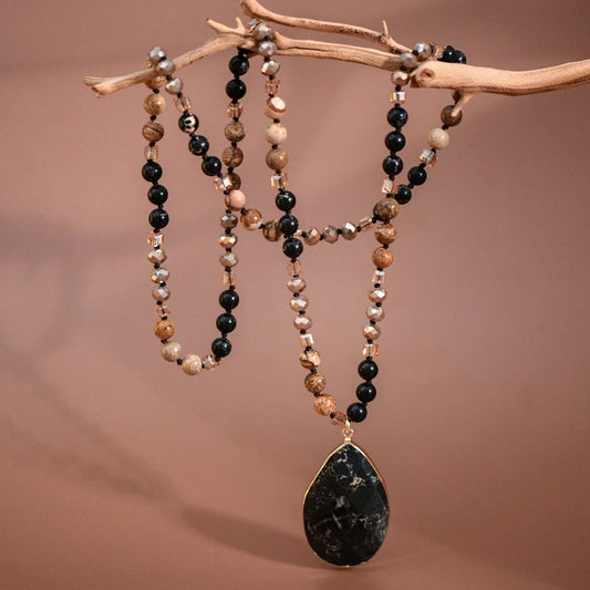 Mia Accessories - Natural Stone Bead Necklace with Stone Pendant