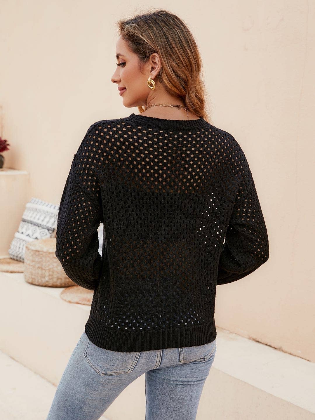 Open Knit Sweater Top in Black