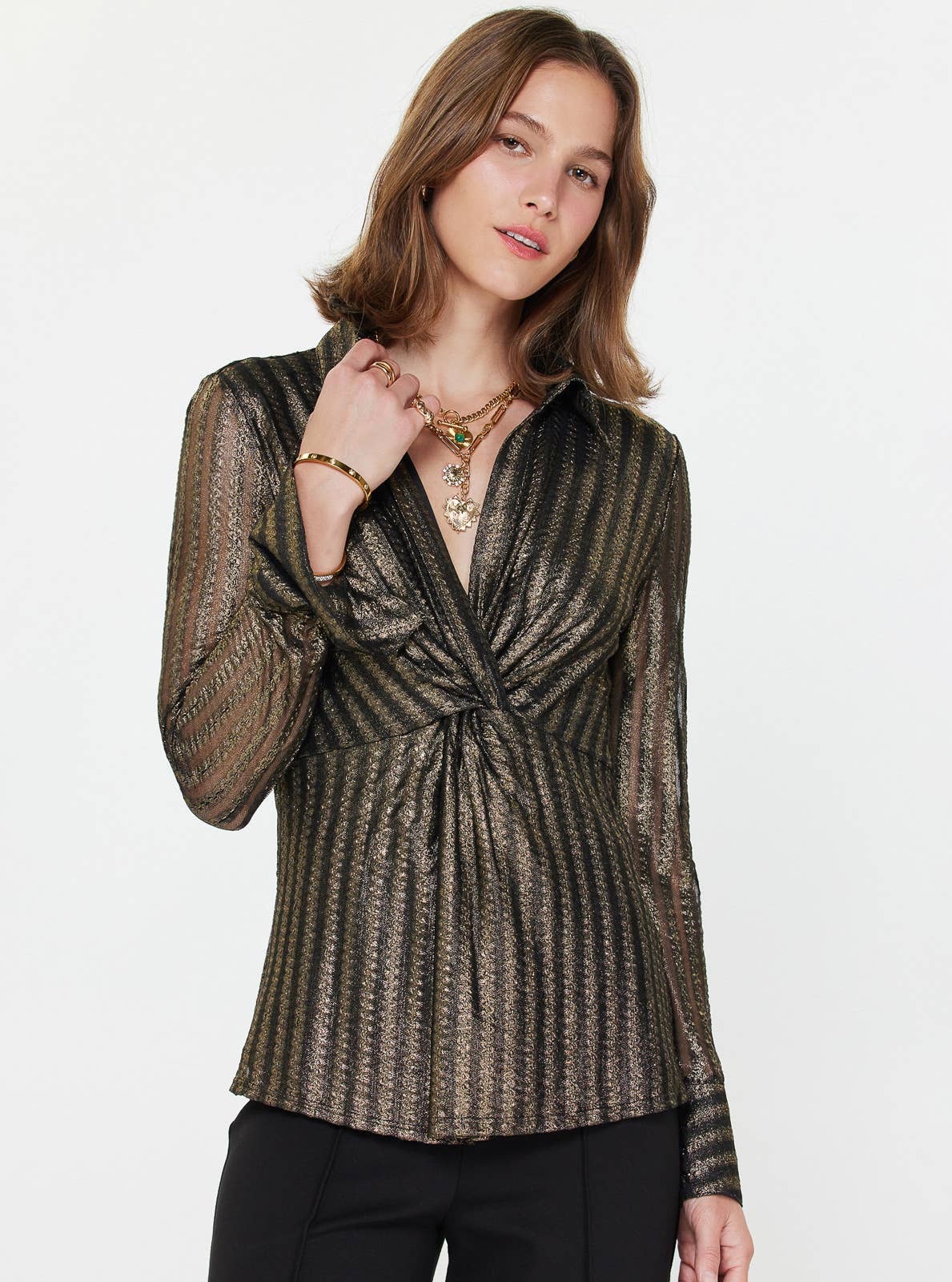 Current Air - Metallic Striped Twist-Front Blouse: BLACK-GOLD