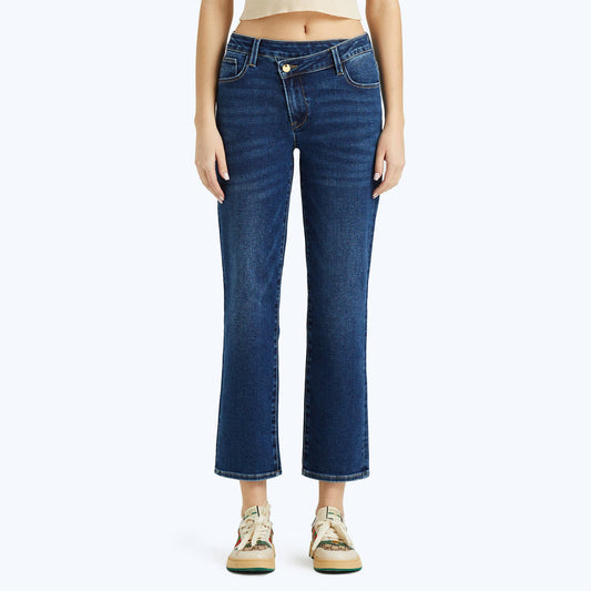 BAYEAS-MID RISE STRAIGHT JEANS WITH FINISHED HEM