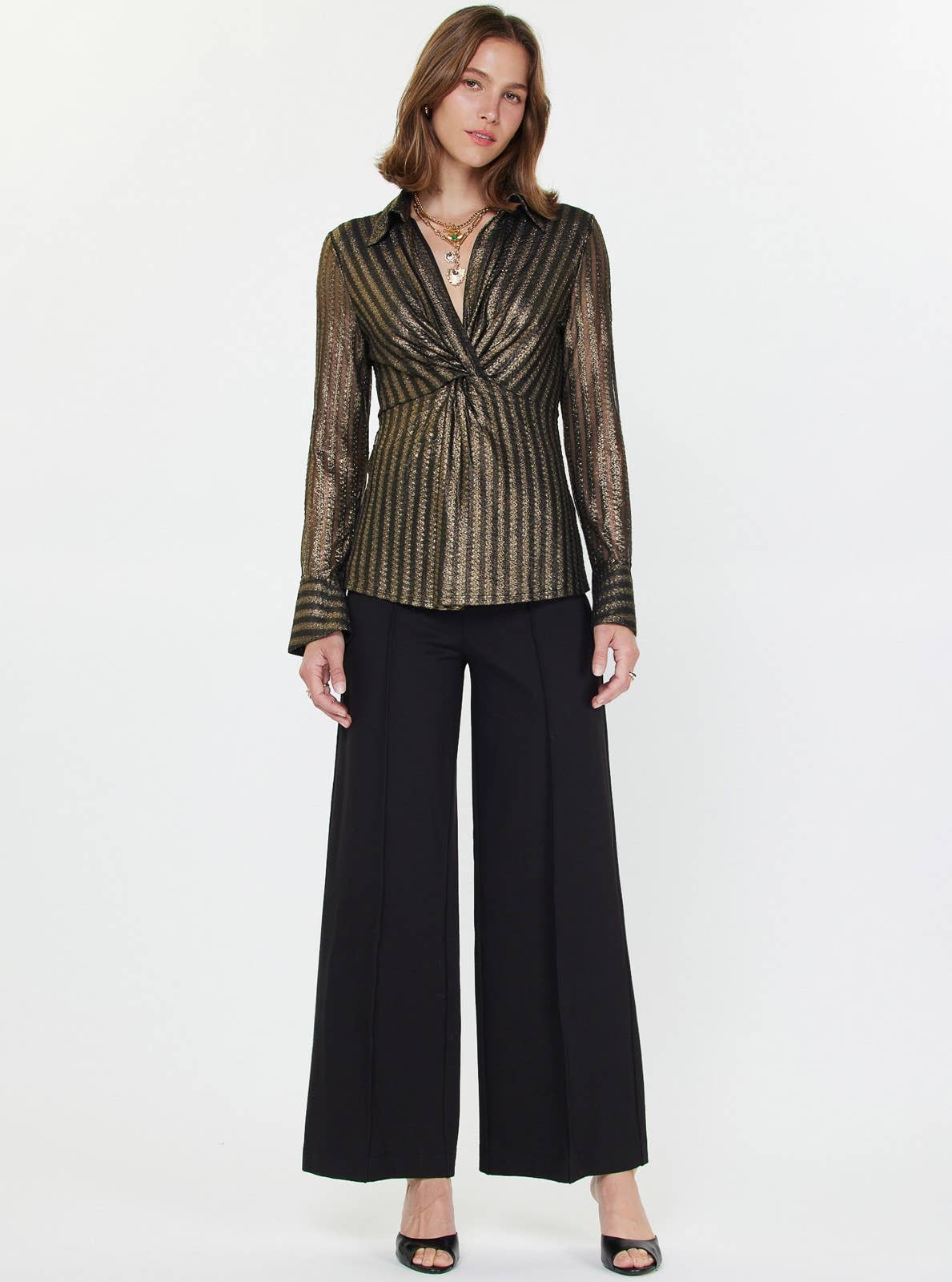 Current Air - Metallic Striped Twist-Front Blouse: BLACK-GOLD