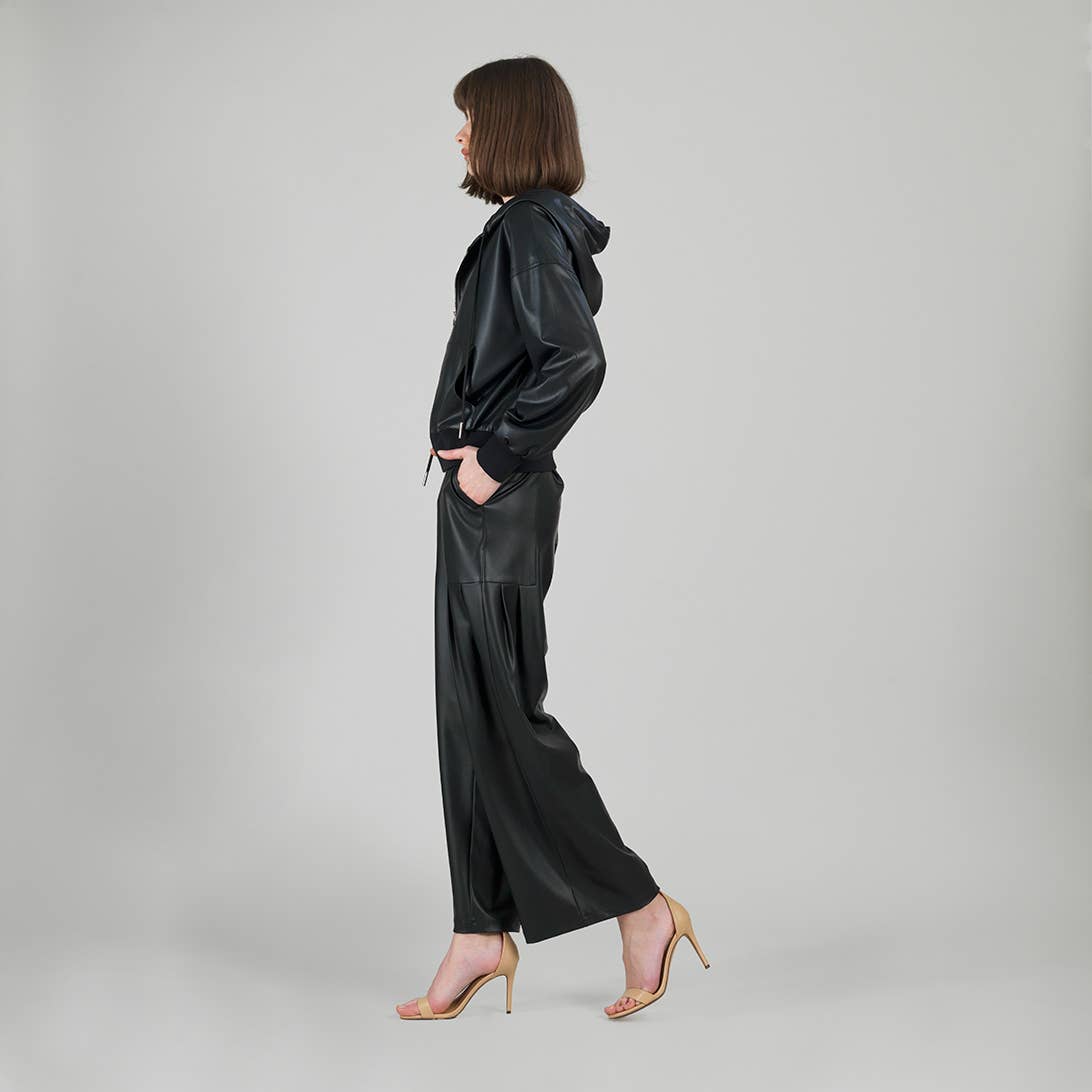 Clara Sunwoo - JKHD - Liquid Leather™ Hooded Drawstring Track Jacket: Black