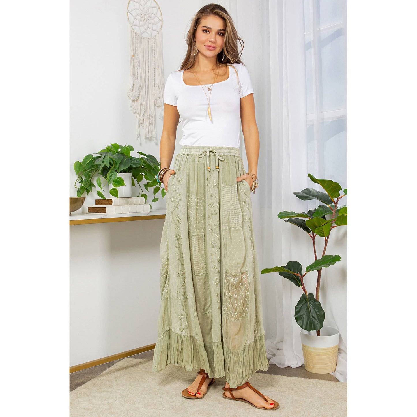 Young Threads - Gypsy Rhapsody: Textured Tiered Skirt With Aari Embroidery: Olive