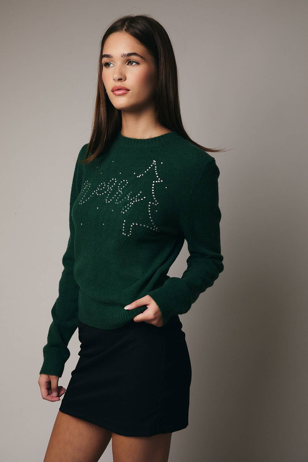Sunday Edition by LE LIS - RHINE STONE DETAILED SWEATER in Green