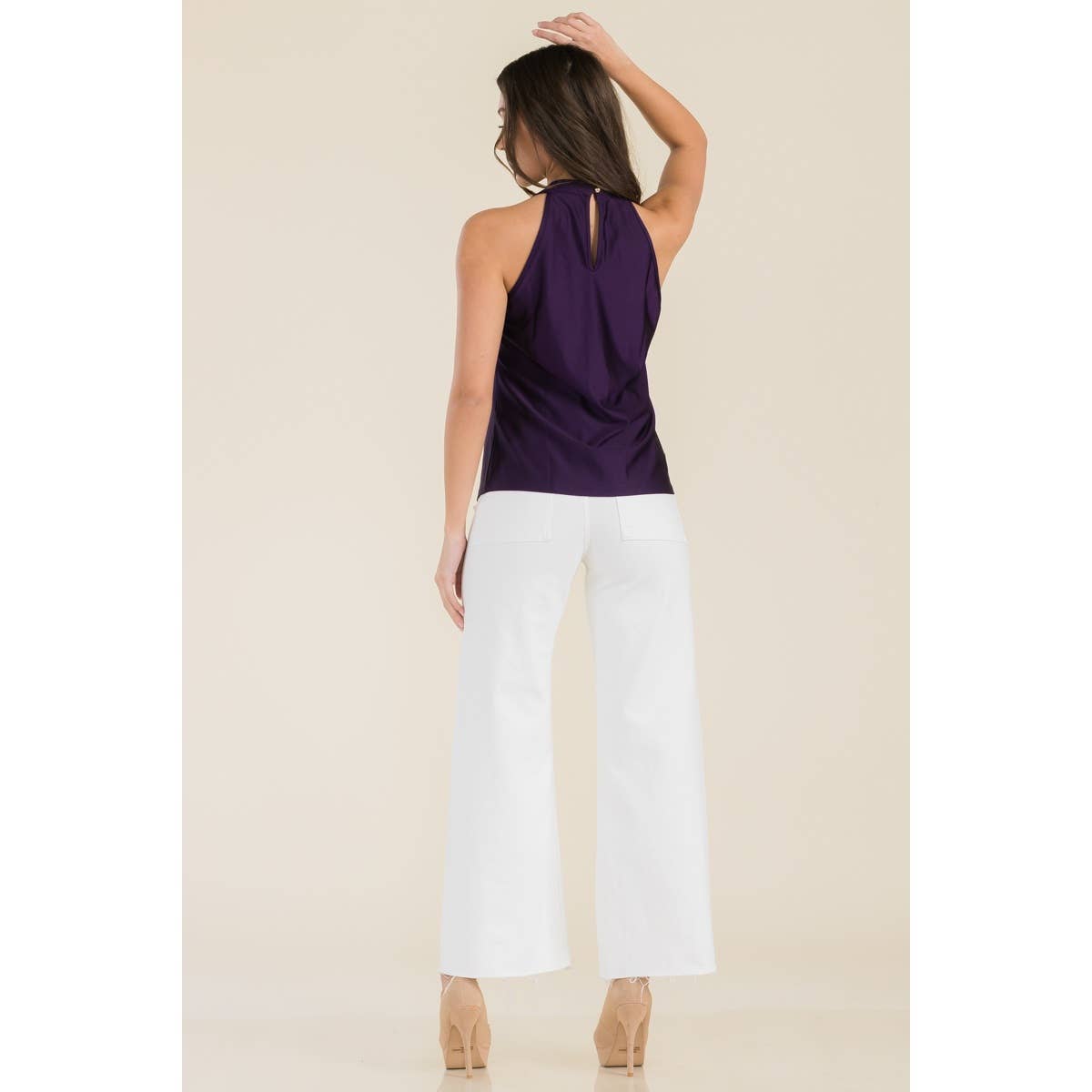 Perseption - DRAP NECK SATIN SLEEVELESS TANK TOP: Eggplant