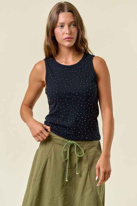 Doe and Rae - RHINESTONE HOTFIX RIBBED RACER TANK - Black