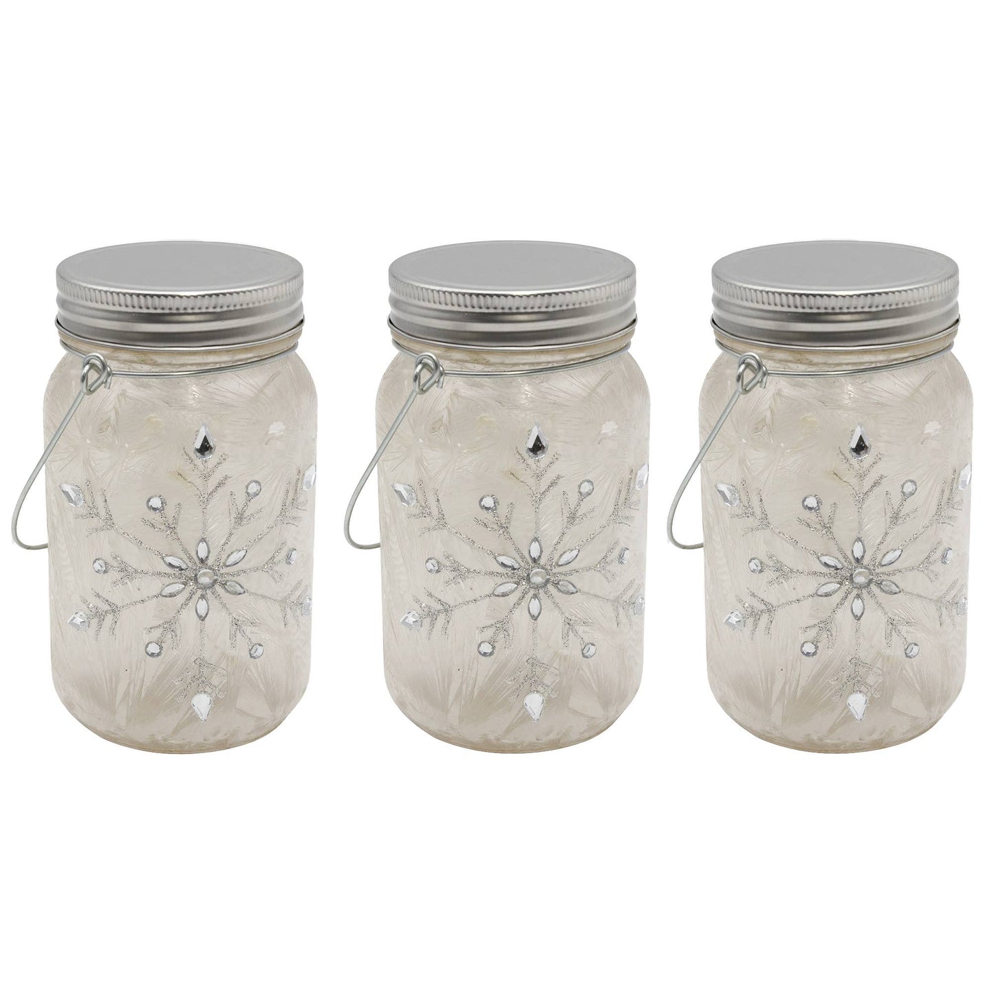 LumaBase - Battery-Operated Silver Snowflake Glass Mason Jar