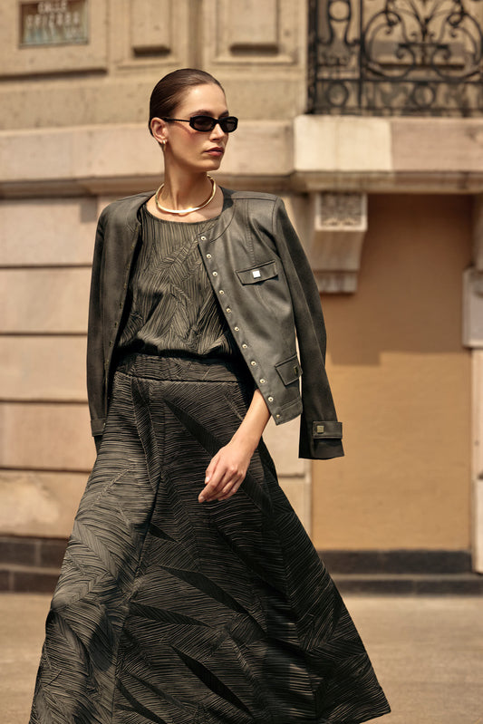Joseph Ribkoff Foiled Faux Suede Fitted Jacket In Avocado