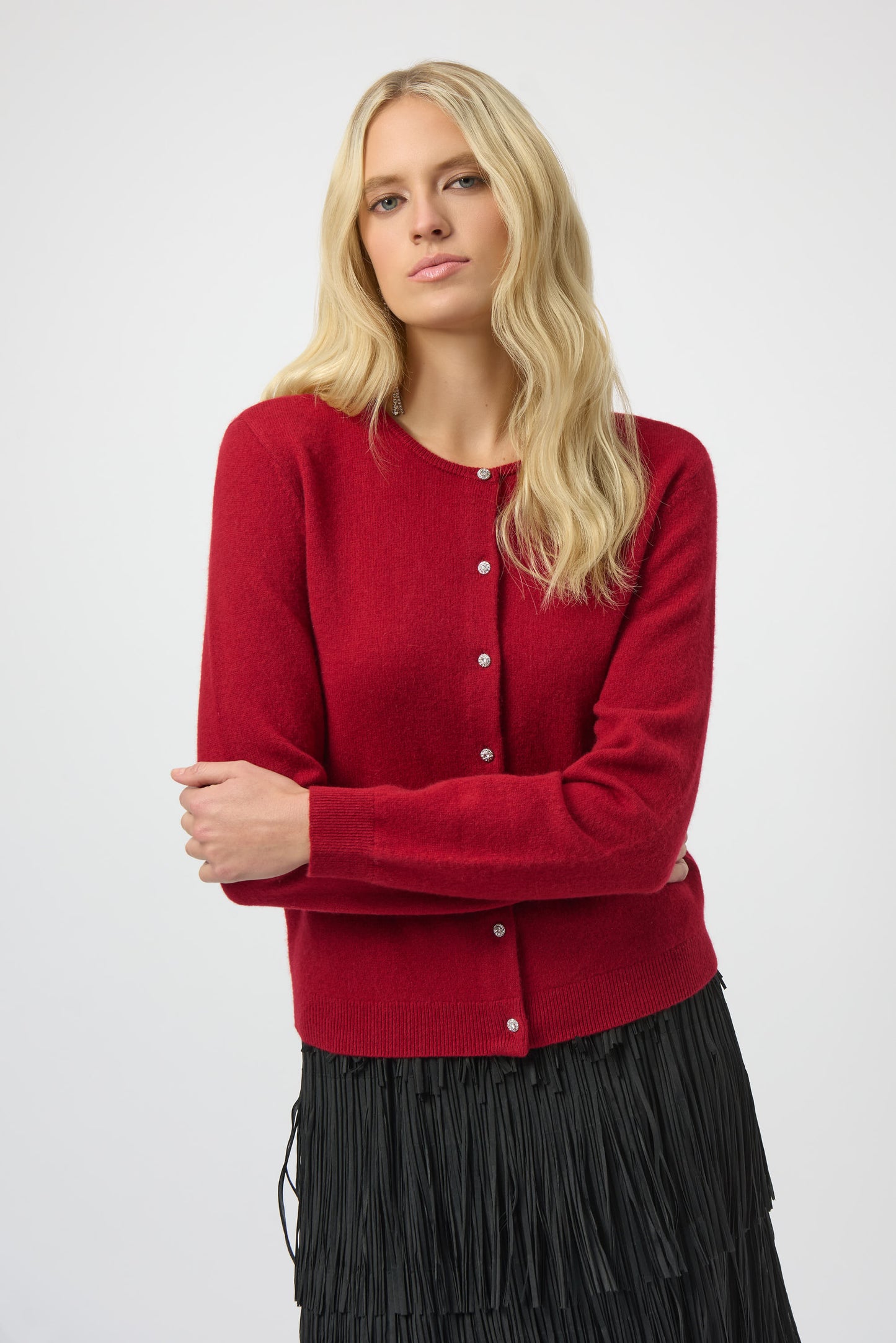 Joseph Ribkoff Cashmere Button Front Crew Neck Cardigan Deep Cherry