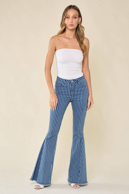 WISTERIA LANE - STRIPED STRETCHY BELLBOTTOM JEANS - BLUE CREAM