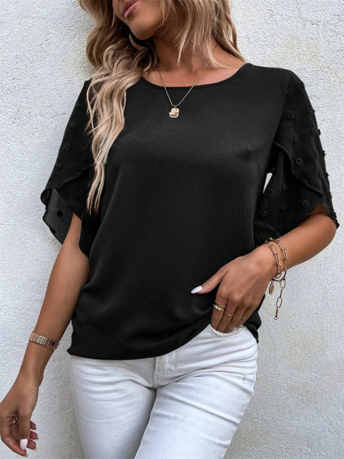 ONLINE ONLY! Swiss Dot Round Neck Half Sleeve Blouse