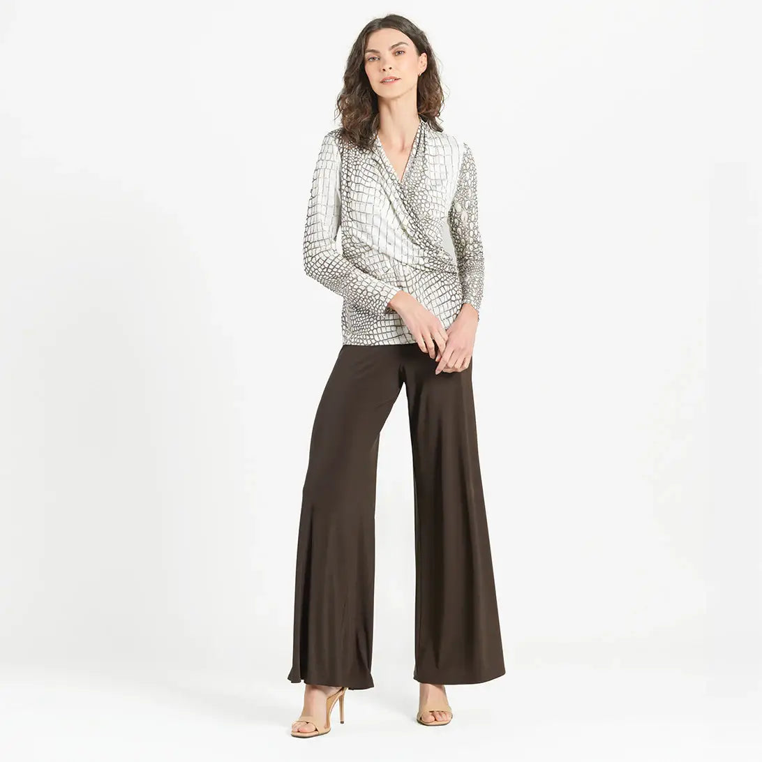 Clara Sunwoo - Shimmer Textile, V-Neck Draped Pleat Top, Croc Scale: Ivory/Mocha