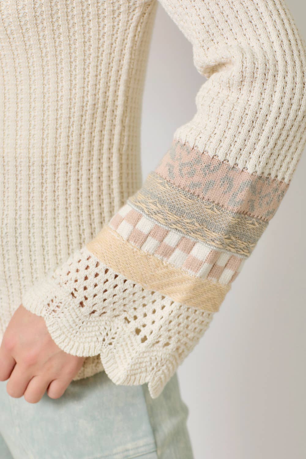 Mixed Sleeve Henley Sweater in Ivory