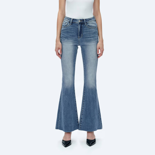 BAYEAS - HIGH RISE FLARE JEANS WITH RAW HEM FREEFALL