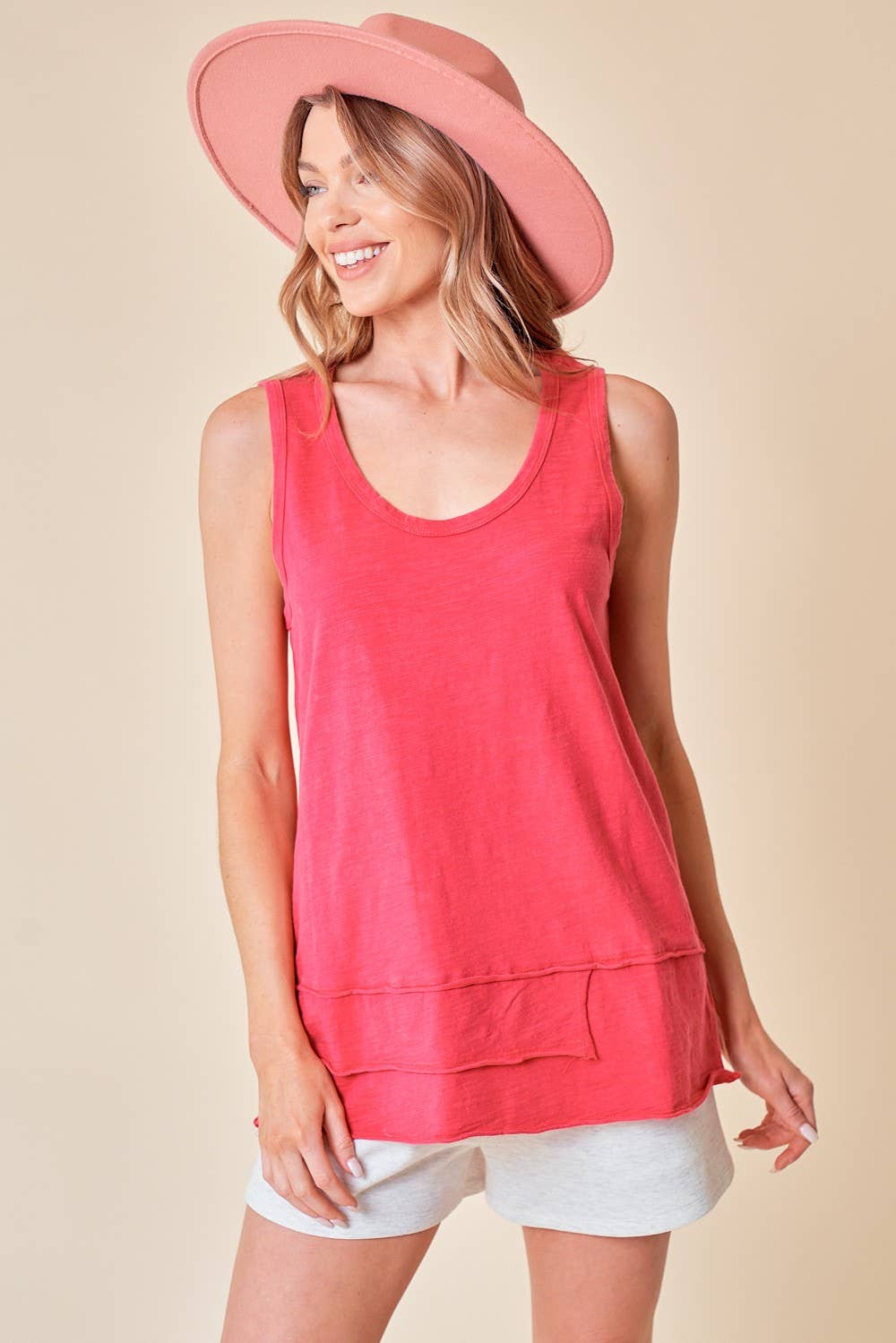 Scoop Neck Enzyme Washed Tank in Fuchsia by Doe and Rae