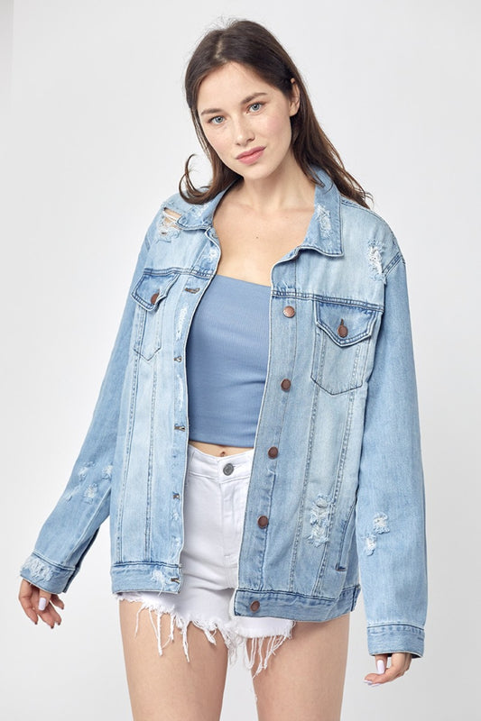 ONLINE ONLY! RISEN Full Size Distressed Long Sleeve Denim Jacket