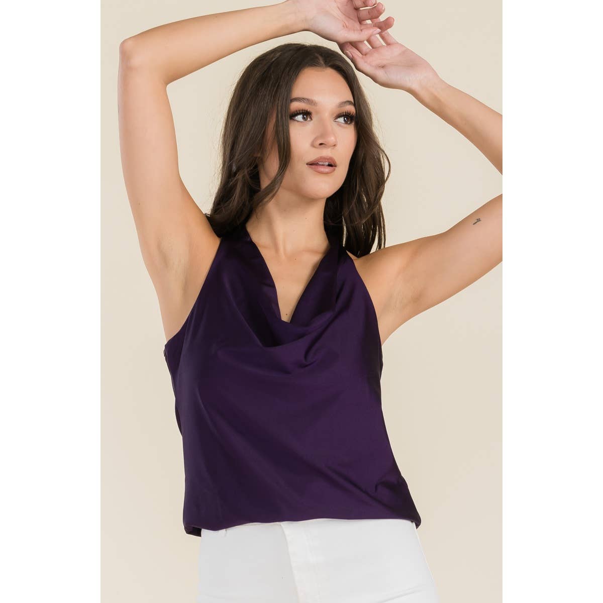 Perseption - DRAP NECK SATIN SLEEVELESS TANK TOP: Eggplant