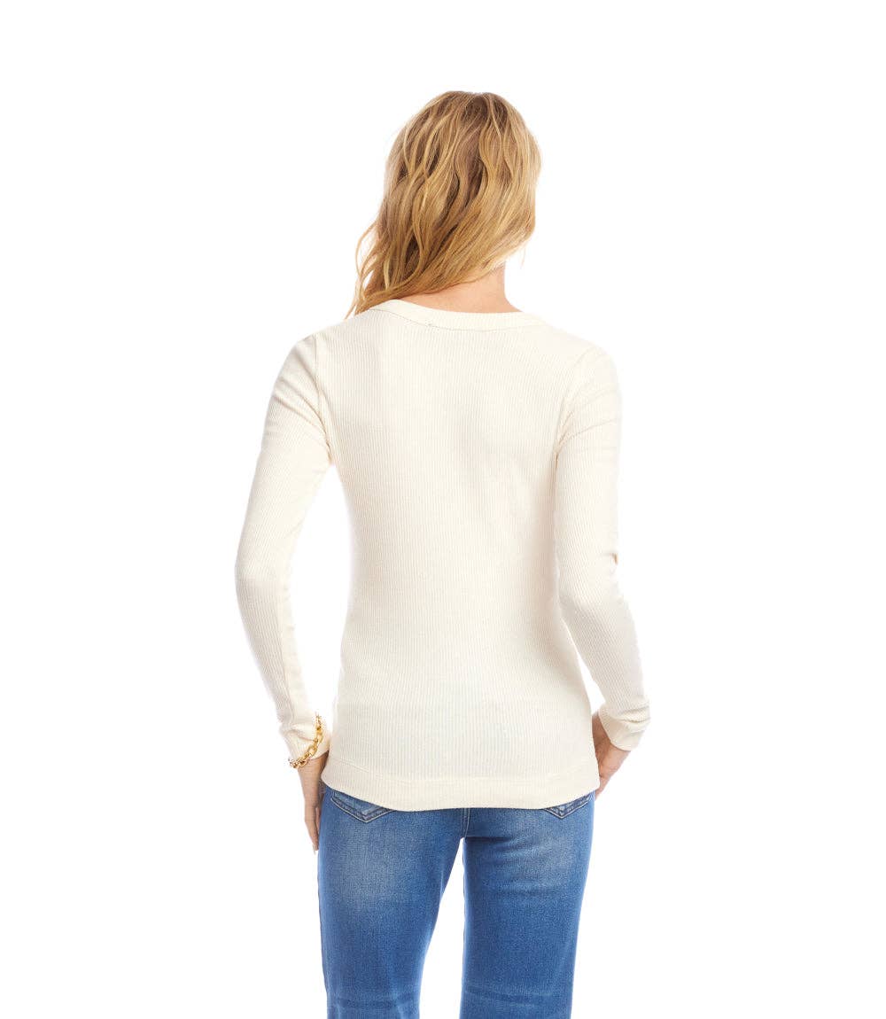 Karen Kane - Long Sleeve Ribbed V-Neck Top in Dark Cream