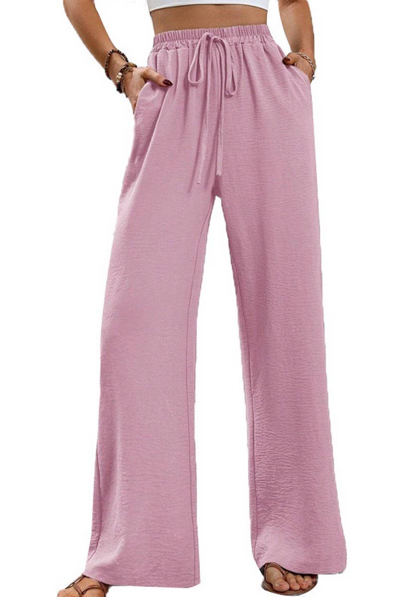 NN-SOLID COLOR LOOSE FLOOR-LENGTH WIDE-LEG PANTS: Pink