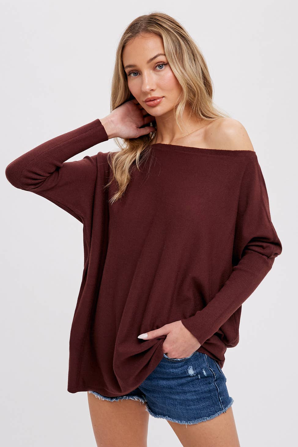 Flowy Boat Neck One Shoulder Top in Chocolate