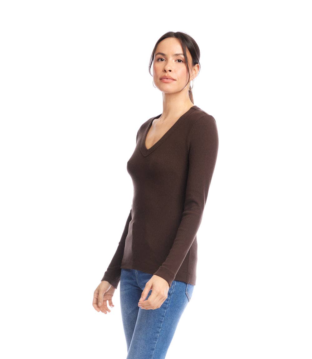 Karen Kane - Long Sleeve Ribbed V-Neck Top in Brown