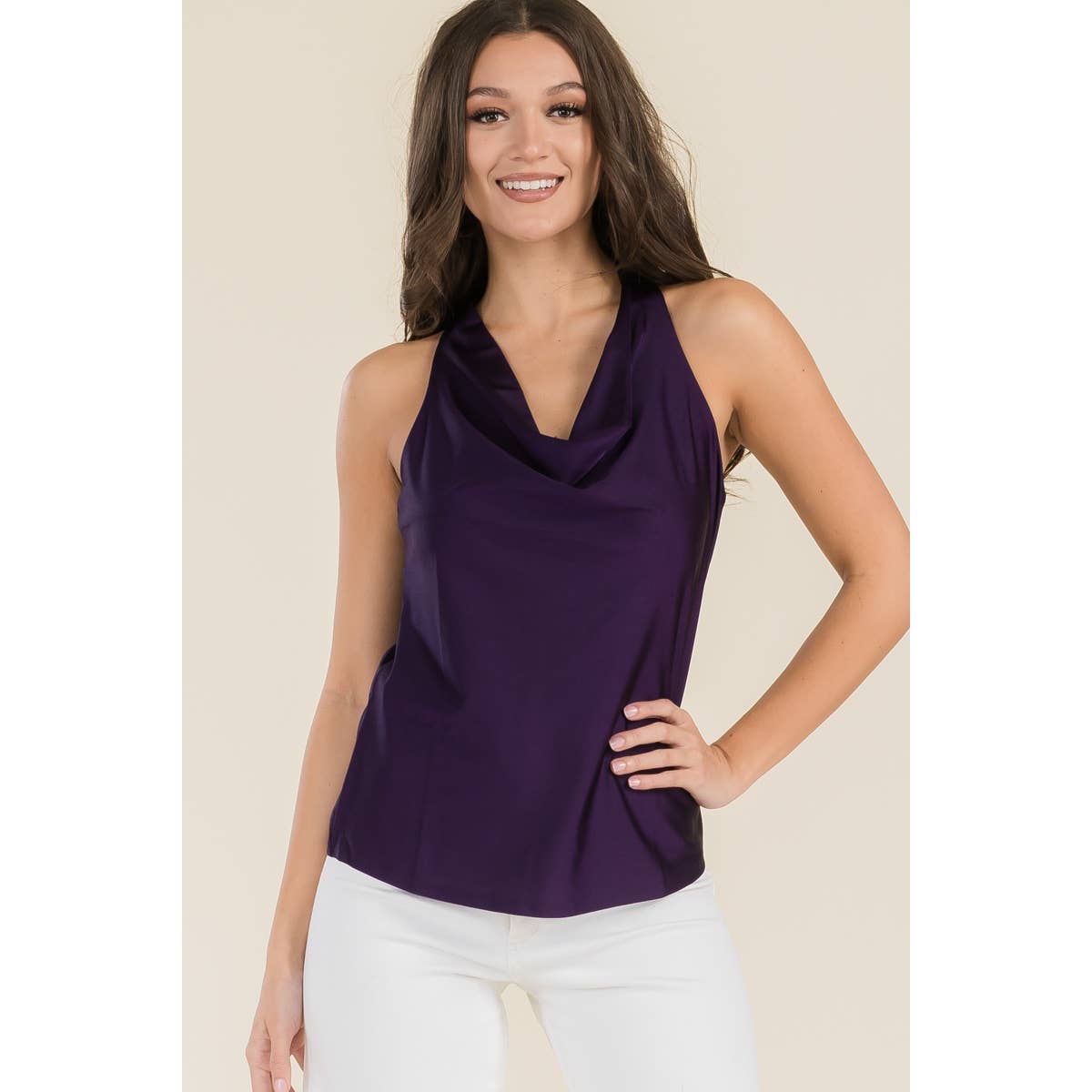 Perseption - DRAP NECK SATIN SLEEVELESS TANK TOP: Eggplant