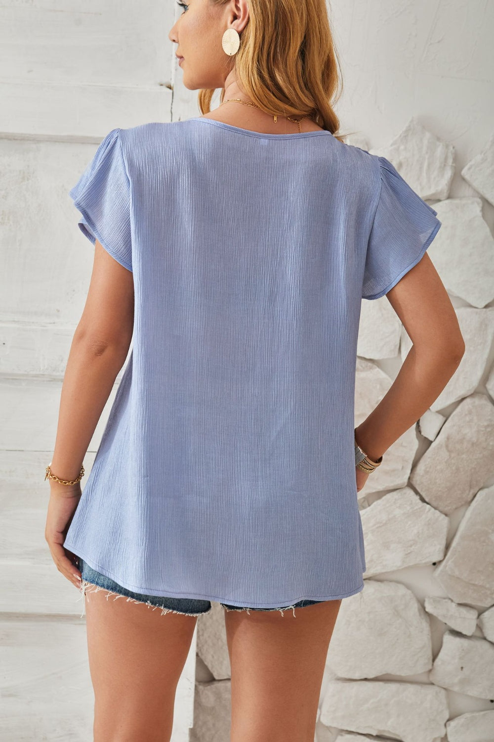 ONLINE ONLY! Ruched V-Neck Flounce Sleeve Blouse