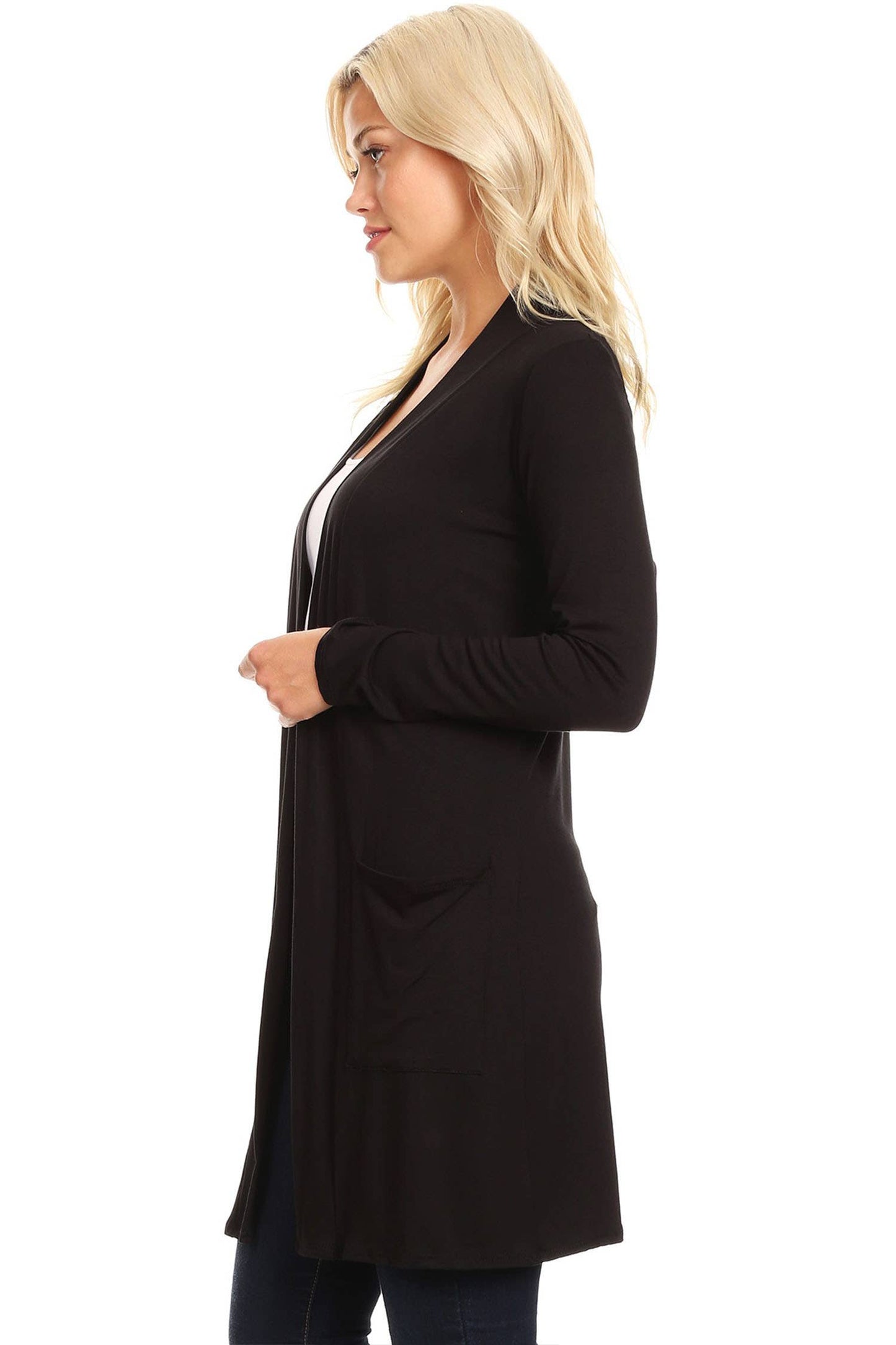 Women's Long Sleeves Side Pockets Solid Cardigan Black