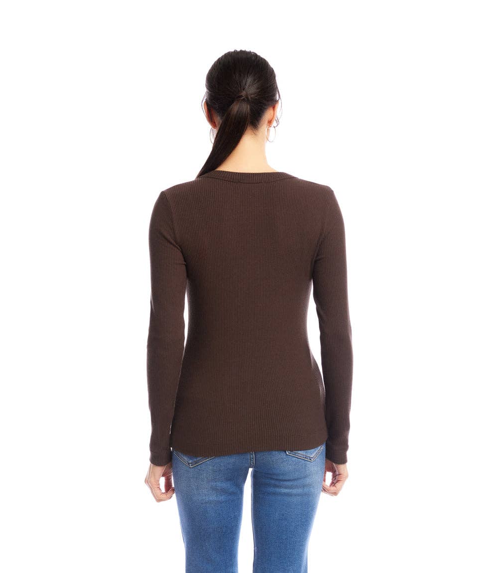 Karen Kane - Long Sleeve Ribbed V-Neck Top in Brown