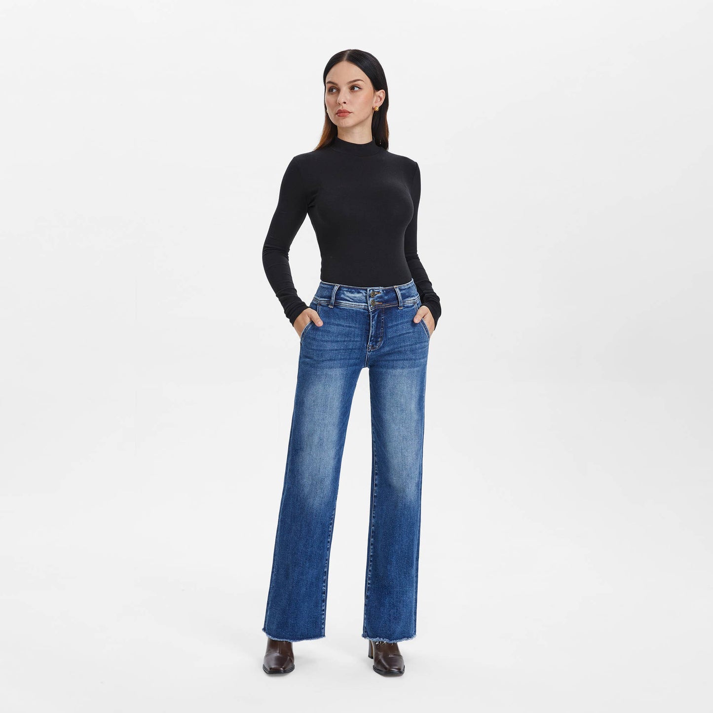 BAYEAS -HIGH RISE STRAIGHT JEANS WITH RAW HEM DARK BLUE