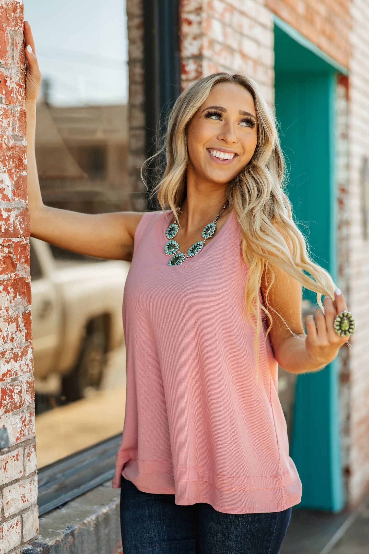 Andrée by Unit - Ribbed Tank Top w/ Raw Edge Detail: CORAL