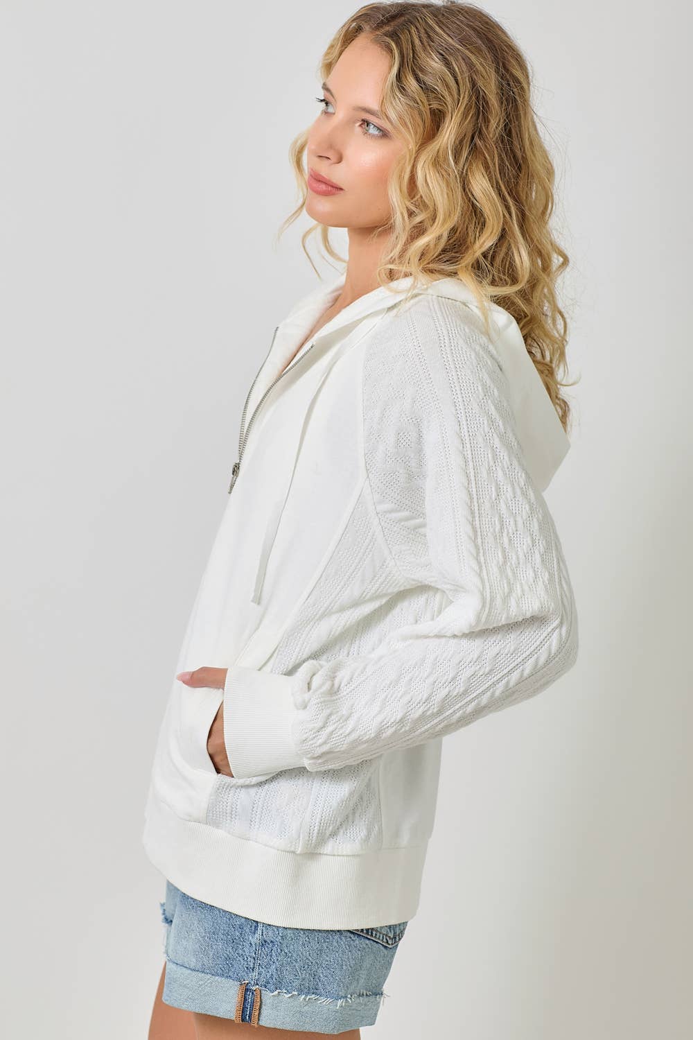 Mixed Media Hoodie Zip-Up Jacket: Washed White