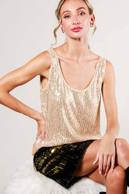 Vine & Love - Scoop Neck Sleeveless Embroidered Sequin Tank Top Gold