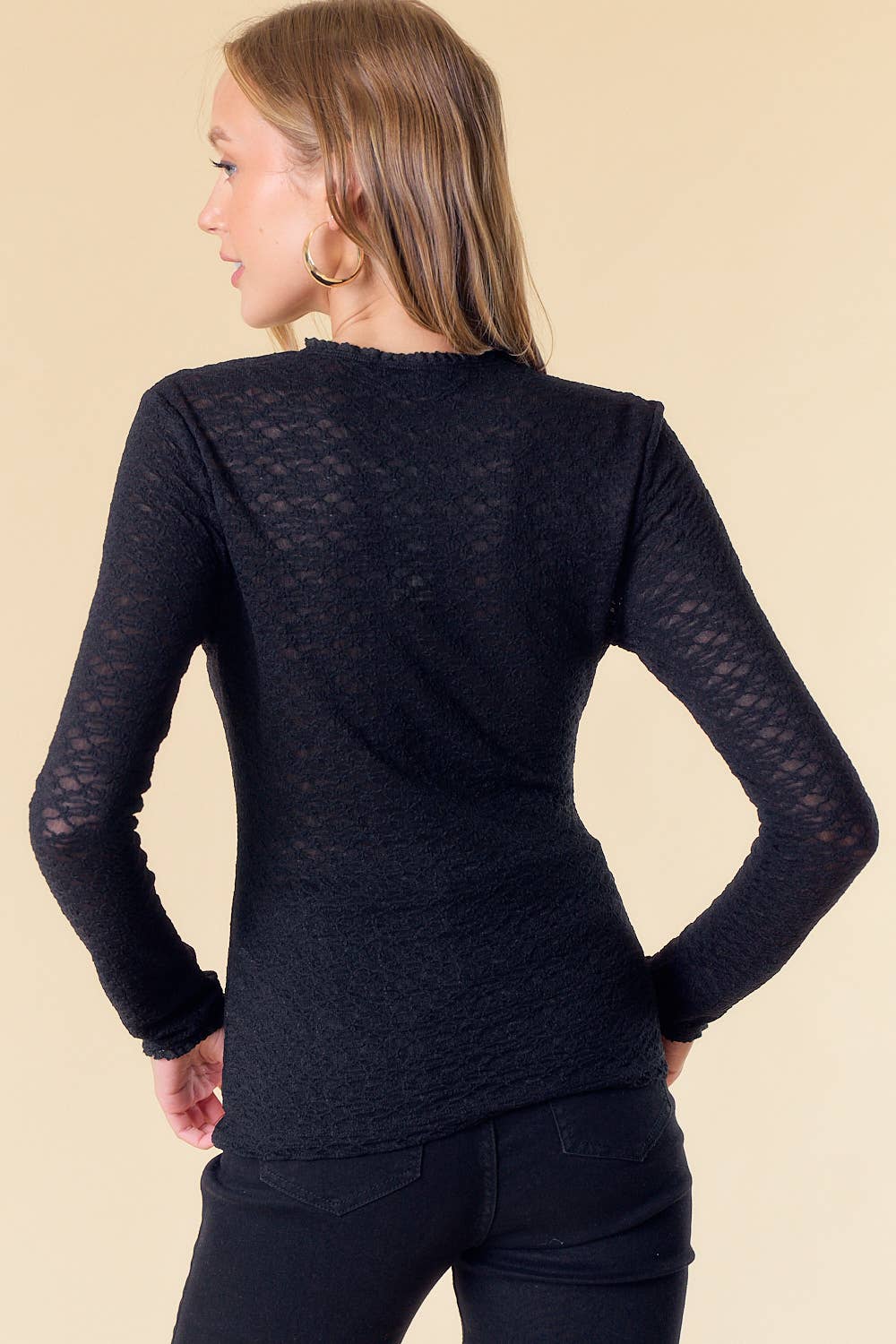 Doe and Rae - SEE THROUGH TEXTURED STRETCH KNIT TOP - Black