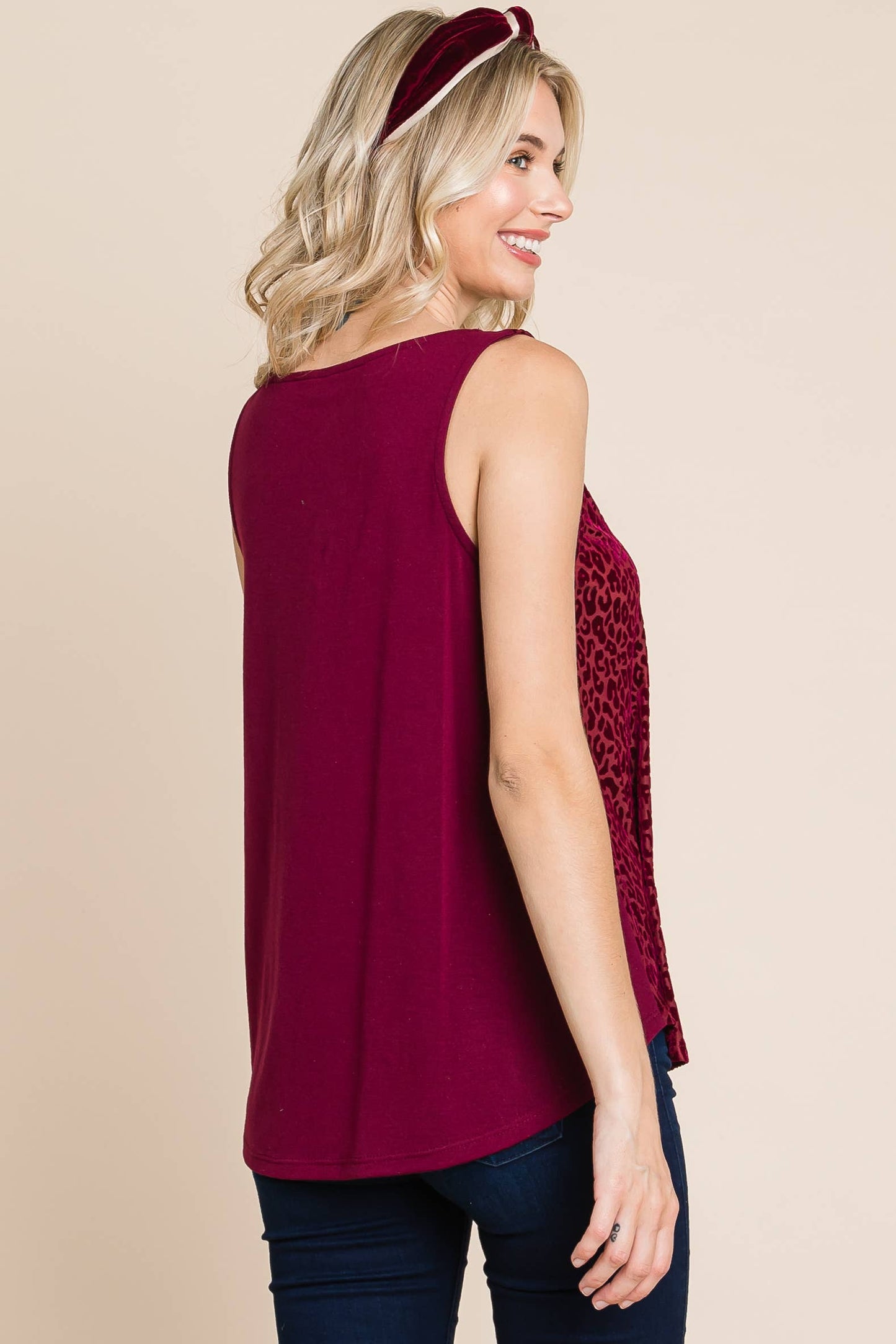 Emerald Collection - Animal Print Velvet Mesh Fashion Top: Wine