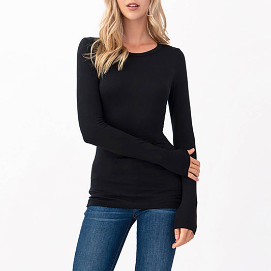 Heimious - Round Neck Long Sleeve Fitted T-Shirt Black