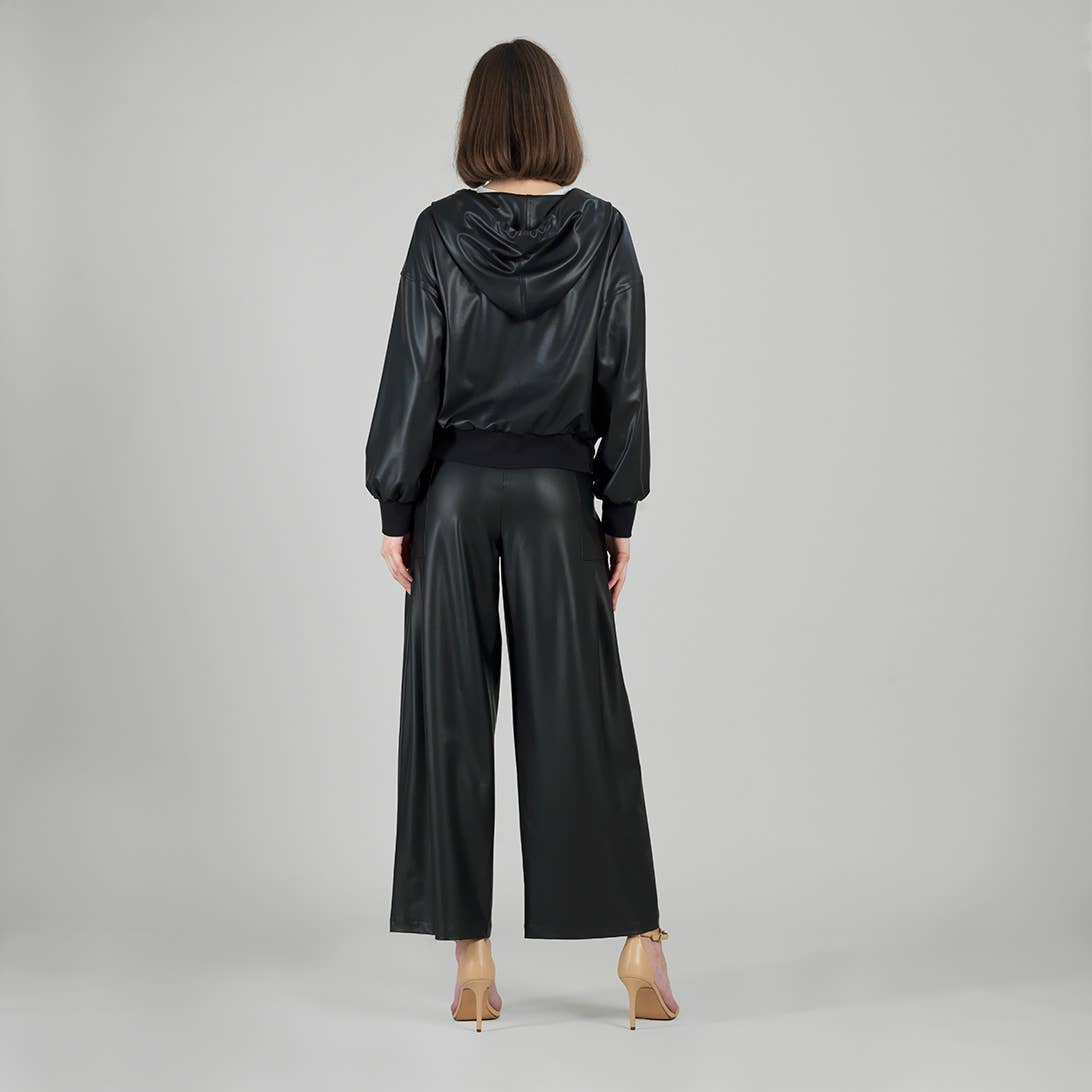 Clara Sunwoo - JKHD - Liquid Leather™ Hooded Drawstring Track Jacket: Black