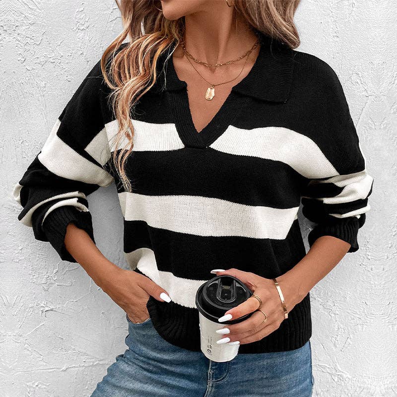 Women's Loose Top Black and White Striped Lapel Knitted Sweater