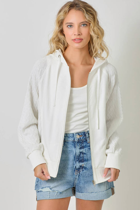 Mixed Media Hoodie Zip-Up Jacket: Washed White