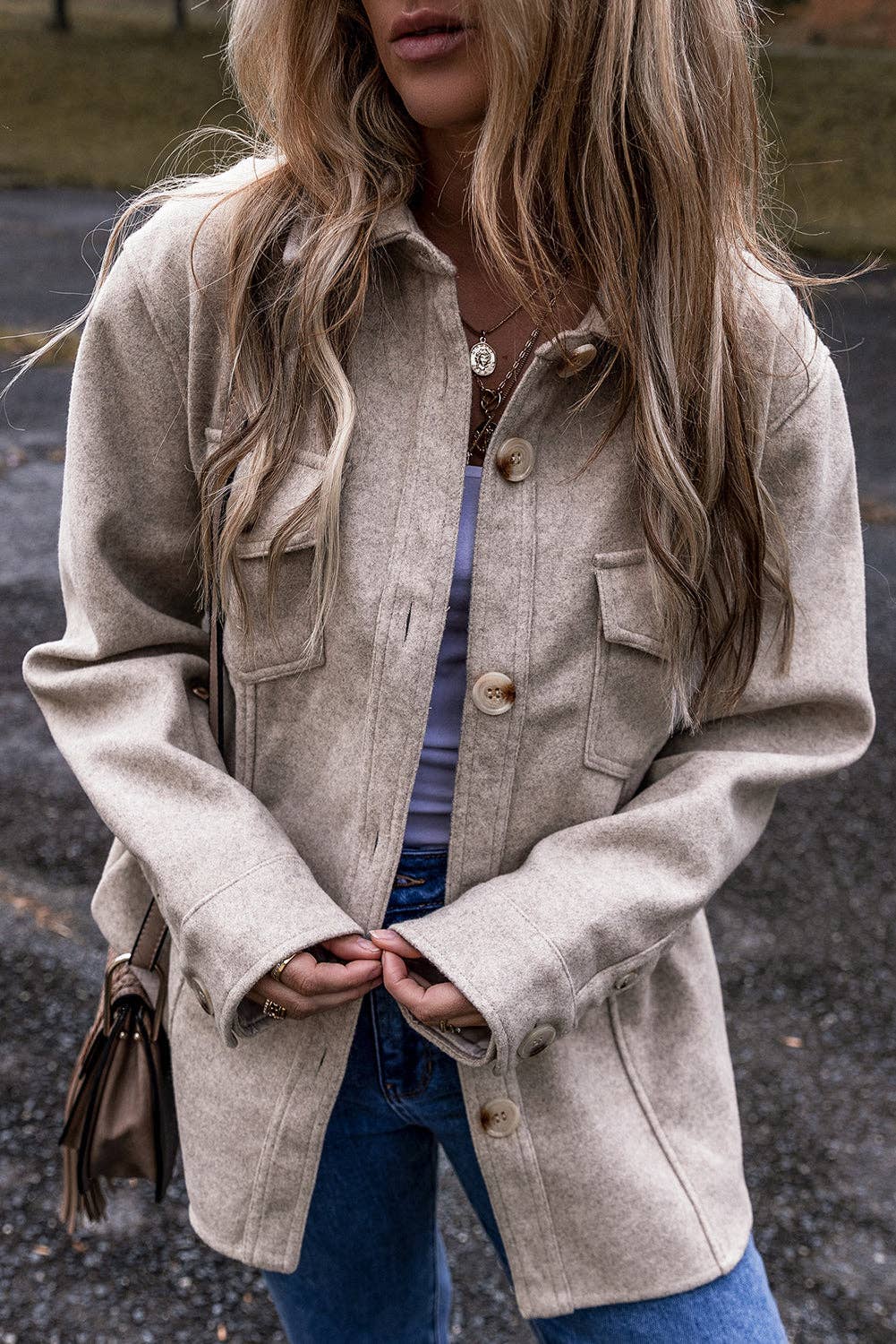 Penny Flap Pockets Buttoned Shacket: Light Grey