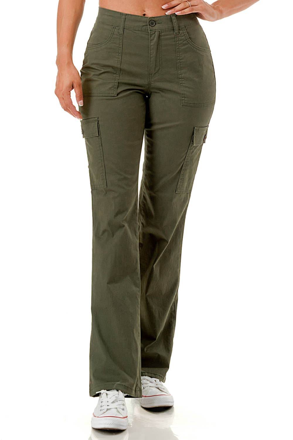 Color 5 - Color woven straight leg adjustable waist band cargo pants: Olive