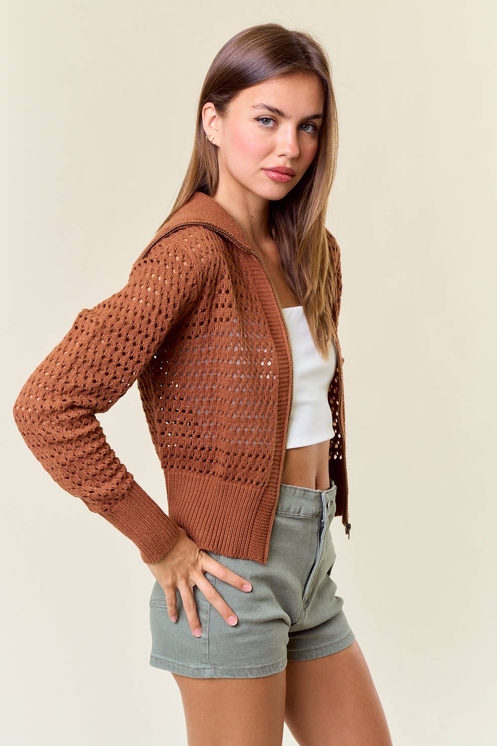 Doe and Rae - Zip-Up Pointelle Open Knit Sweater Jacket - Caramel