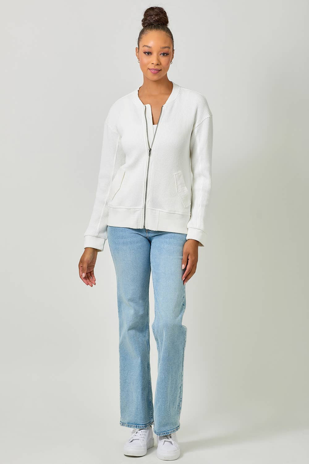 Washed Thermal Bomber Jacket in Off White