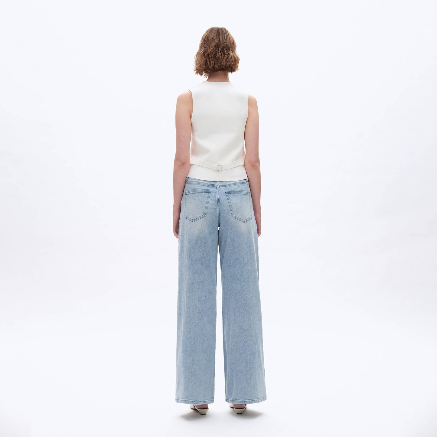 BAYEAS - HIGH RISE DRAWSTRING DENIM JEANS WITH FINISHED HEM LIGHT BLUE