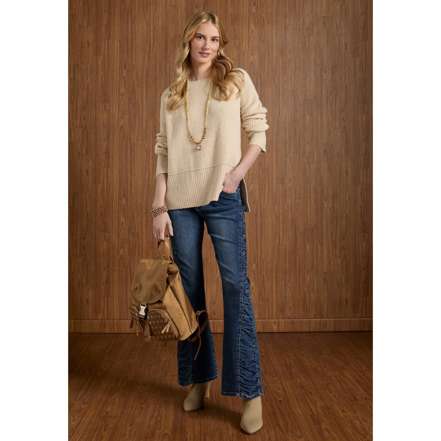 COCO + CARMEN - Helix Crew Neck Sweater with Side Slit - Fall: Oatmeal