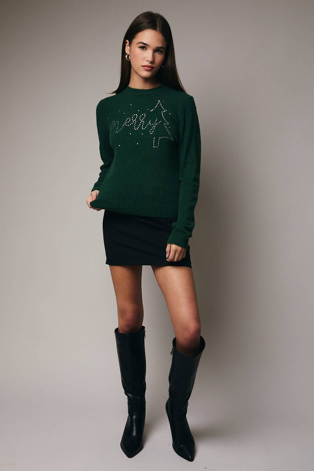 Sunday Edition by LE LIS - RHINE STONE DETAILED SWEATER in Green