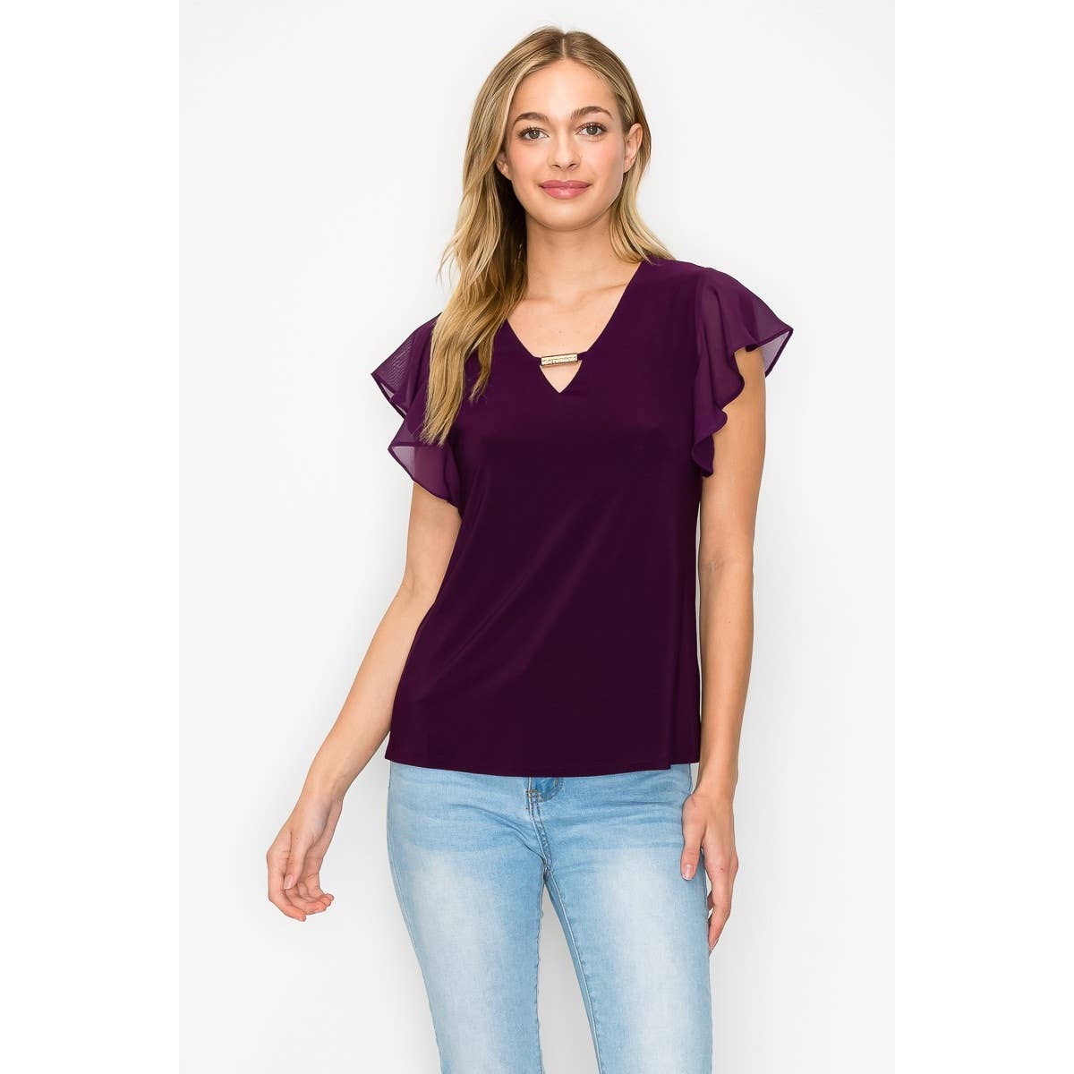 Perseption - Bar Keyhole V Neck Flutter Ruffle Sleeve Blouse: Plum